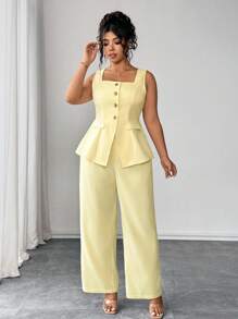 Roveilla 大码女式优雅领扣无袖衬衫，带侧袋和松紧腰阔腿裤两件套，适合办公室、通勤、度假、茶会、活动 - 黃色 - 查看 4