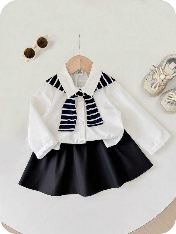 SHEIN 2pcs/Set Baby Girls 2 In 1 Shirt And Elasticated Waist Black Skirt Outfit, Autumn/Winter