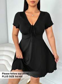 Solflare Plus Size Women Valentine's Red V-Neck Front Twist Midi Dress Sun Dresses For Women Vacation Outfits Women,Graduation Dress - Black - View 1