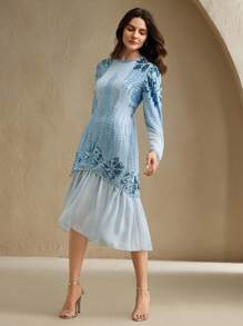 Anewsta 女式新款时尚长袖亮片拼接优雅派对连衣裙 - 淺藍色 - 查看 7