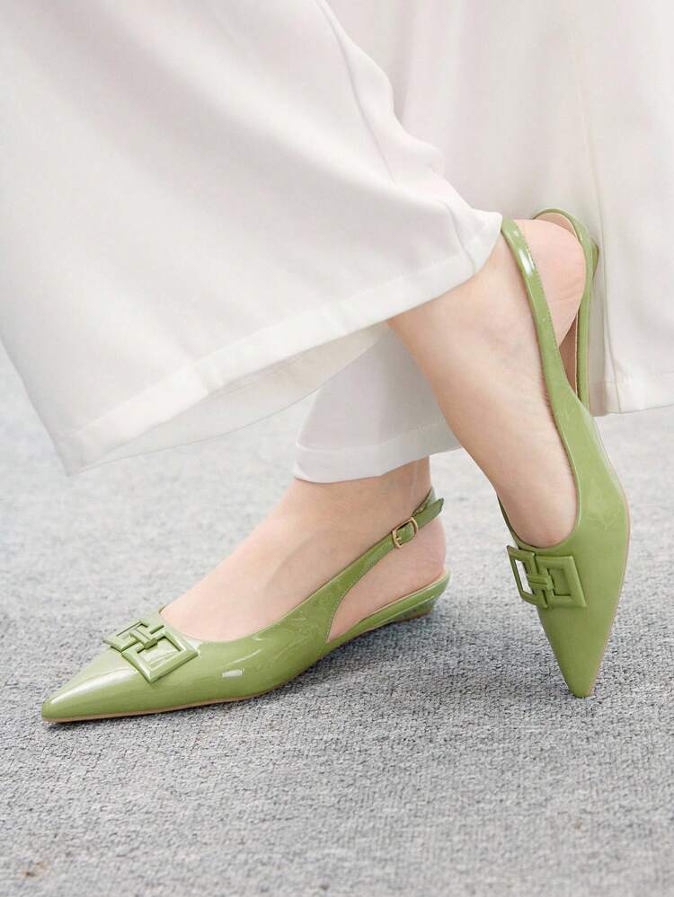 CUCCOO BIZCHIC New Women's Square Buckle Pointed Toe Flat Low Heel Interesting Heel Design Commuter Style Versatile Comfortable Green Patent PU Flat Shoes For Work & Casual Wear For Christmas Spring Shoes