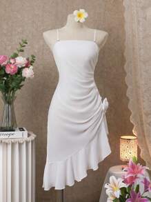 SHEIN Swim Women's Solid Color Ruffled Hem Camisole Cover Up Dress For Vacation For Summer