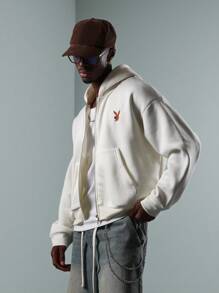PLAYBOY X SUMWON Sudadera con capucha con cremallera completa, ropa urbana con logo de conejito, informal y cálida para otoño e invierno - Blanco - Ver 8