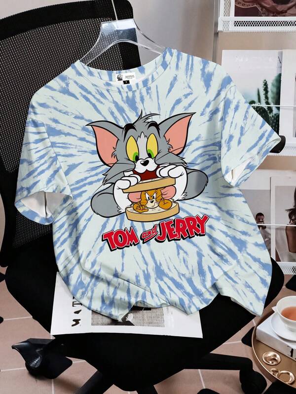 TOM & JERRY X SHEIN Camiseta de mujer con cuello redondo y manga corta con estampado de teñido anudado y de dibujos animados