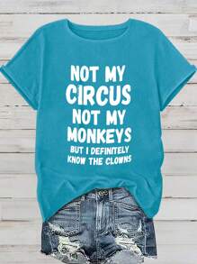 EMERY ROSE Plus Size Women's Funny Slogan T-Shirt ""Not My Circus Not My Monkeys"" Letter Print,Blue And White,Summer,Casual,Everyday Crew Neck Short Sleeve Tee - Teal Blue - View 1