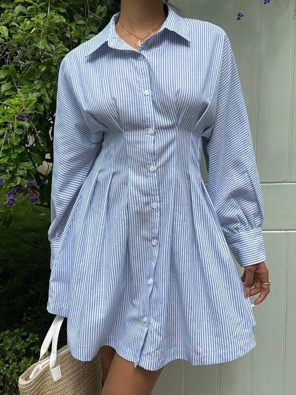 Muchica Women's New Striped Waist Ruched Short Sleeve Dress