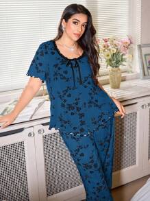SHEIN 浪漫花卉休闲加大码女式睡衣套装，撞色蕾丝，舒适贴身曲线睡衣套装，服装 - 藍色 - 查看 5