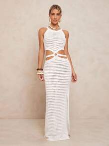 Lumalex All White Party Outfit Women Fall Modest Old Money Coquette Glitter Holiday Party Outfit Rave Festival Outing  Swim Vacation Bohemian BOHO Sea Beach Hot Outdoor Richly Layered Wedding Season Banquet Coming Of Age Ceremony Beach Seaside Elegant Sleeveless Hollow-Out Solid Color Crocheted Knit Dress For Spring & Summer - White - View 2