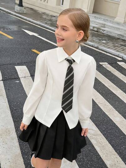青少年女孩纯色优雅长袖开叉衬衫