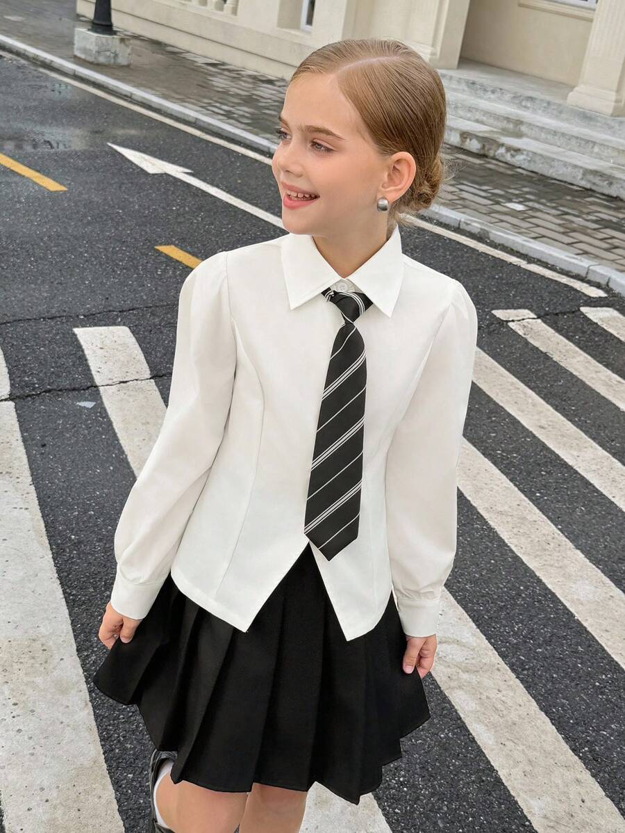 青少年女孩纯色优雅长袖开叉衬衫 - 棕色 - 查看 1