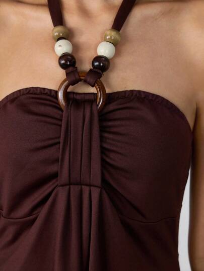Hippie Vestido corto con bajo acampanado para mujer, con collar de cuentas de madera con estilo hippie retro