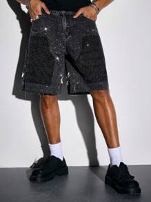 ROMWE MEN Street Life 男士菱形图案休闲牛仔短裤 - 黑色 - 查看 7