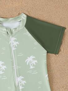 Baby Boys' One-Piece Swimwear, Green Casual Palm Tree Print, Lively And Active, Suitable For Water Play, Vacation, Swimming Pool, Summer Photo Shoot, Gift - Green - View 5