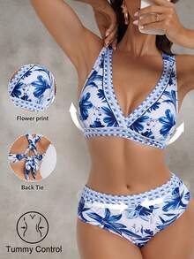 Shapewave 女士蓝白波西米亚印花聚拢收腹抹胸比基尼泳装套装 - 彩色 - 查看 1