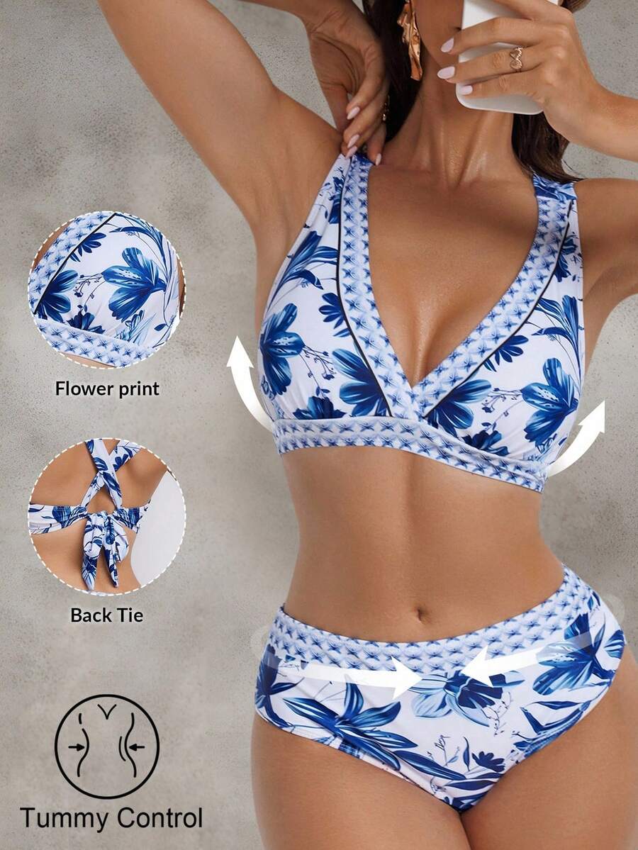 Shapewave 女士蓝白波西米亚印花聚拢收腹抹胸比基尼泳装套装 - 彩色 - 查看 1