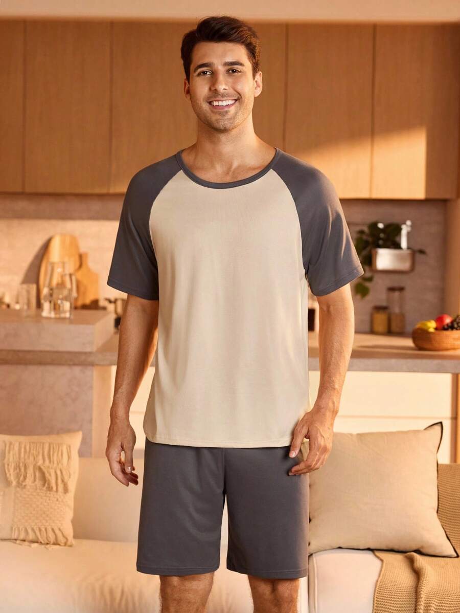 Manfinity Underwear&Sleepwear Basics Conjunto de pijama de verano para hombres con top de manga corta y pantalones cortos de manga raglán con bloques de color