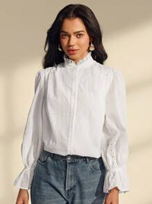 Almamuse Spring/Autumn All White Embroidery Textured, Delicate Floral Trim Elegant Women Long Sleeve Blouse Fall Women Clothes - White - View 8