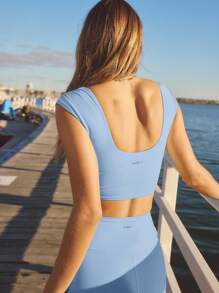 Aralina Bộ đồ hai mảnh áo đạp xe ngắn nhún bèo nhún phía trước màu vàng Leisurewear Summer - Màu xanh lam - Xem 9