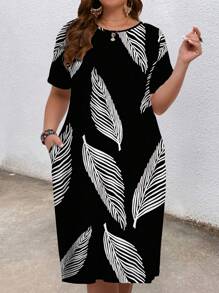EMERY ROSE Vestido con estampado de hojas con textura para vacaciones en talla grande - Negro - Ver 4