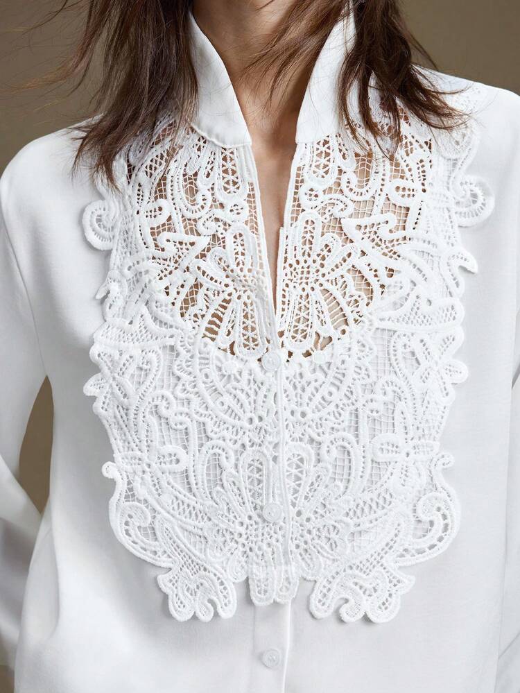 2025 New Autumn/Winter Apparel, All Season Wear, Winter, Back To School Looks For Women, Halloween & Christmas, Women's Teacher Attire, Casual Outings, Night Out, Wedding Guest, Elegant Wedding Guest, Church Attire For Women, Business Casual, Women's Business Casual Wear, Versatile Basics, Elegant Commuter Solid Color Contrast Lace Blouse