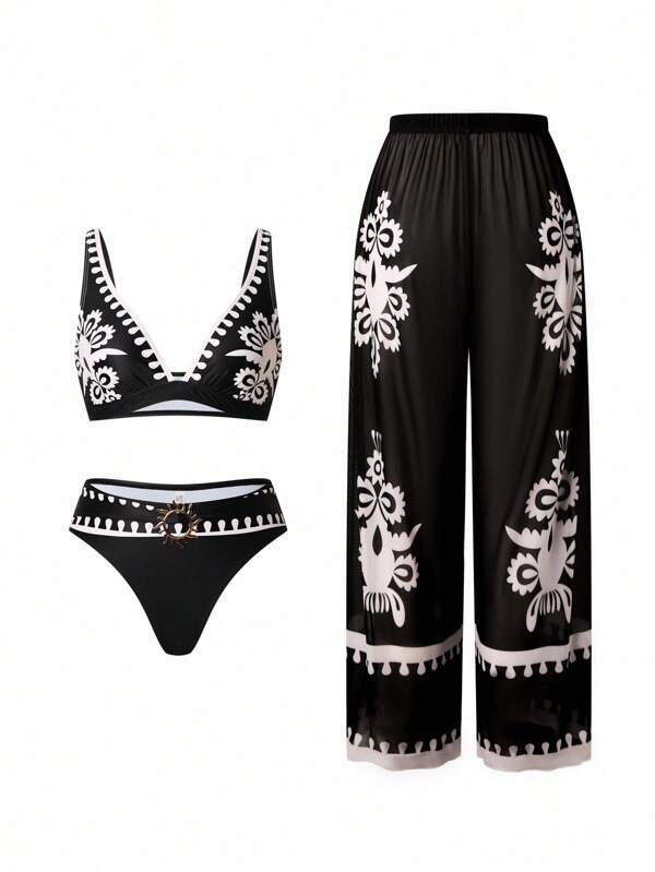 Swim Oasis 4pcs Summer Fashion Popular Young Lady High-End Separate Swimsuit Set Includes Beach Cover Up And Pants
