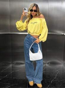 SHEIN LUNE Áo nỉ ngắn thêu chữ vai bất đối xứng thường ngày cho nữ, thiết kế tay áo đa năng, màu vàng bơ thời trang dạo phố dễ thương Y2k trở lại trường học trở về nhà mùa đông mùa thu đi chơi sân bay áo cơ bản mùa thu - Màu vàng - Xem 6