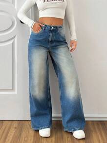 EURMUSE Quần Jeans Ống Thẳng Lưng Cao Thường Ngày Cho Nữ - Rửa trung bình - Xem 6