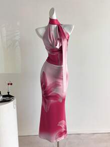 Elamini 女式夏威夷花卉印花短款上衣和低腰紧身裙，春夏 - 粉色 - 查看 3