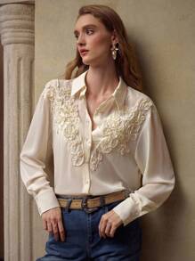 MOTF PREMIUM APPLIQUES BUTTON UP SHIRT - Apricot - View 6