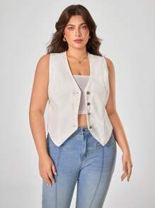 SHEIN Frenchy 大码休闲纯色无袖牛仔夹克 - 深色水洗藍 - 查看 5