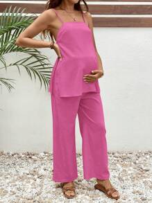 SHEIN 2pcs Maternity Casual Solid Color Camisole And Wide Leg Pants Set - Hot Pink - View 5