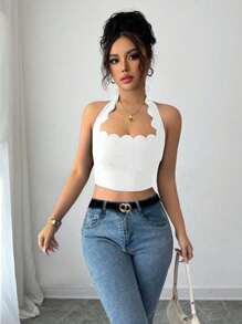 Gloray Top corto con cuello de halter, lazo y volantes en el bajo, de color negro, para mujer, para salir de vacaciones - Blanco - Ver 3