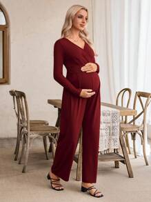 SHEIN Jumpsuit Hamil Elegan Warna Polos dengan Ikat Pinggang dan Saku Samping, Lengan Panjang, Cocok untuk Bepergian dan Kencan - Burgundy - View 5