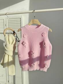 Comfortcana Fall Clothes For Women,WinterPlus Size Casual Solid Color 3D Floral Decor Sleeveless Knit Top - Pink - View 1