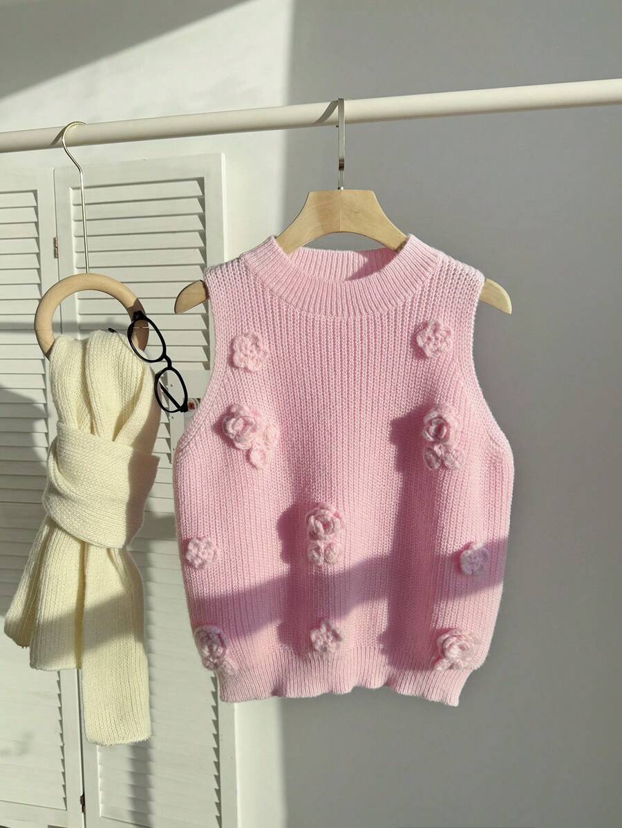 Comfortcana Fall Clothes For Women,WinterPlus Size Casual Solid Color 3D Floral Decor Sleeveless Knit Top - Pink - View 1