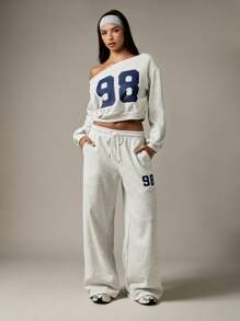 MISSGUIDED Quần nỉ ống rộng Jersey Quần thể thao Athleisure Varsity Số Thể thao Dây rút Đồ mặc nhà cho sinh viên Đồ mặc thoải mái Đồ thể thao mọi mùa Đồ mặc thường ngày Đồ dùng thiết yếu hàng ngày - Xám - Xem 3