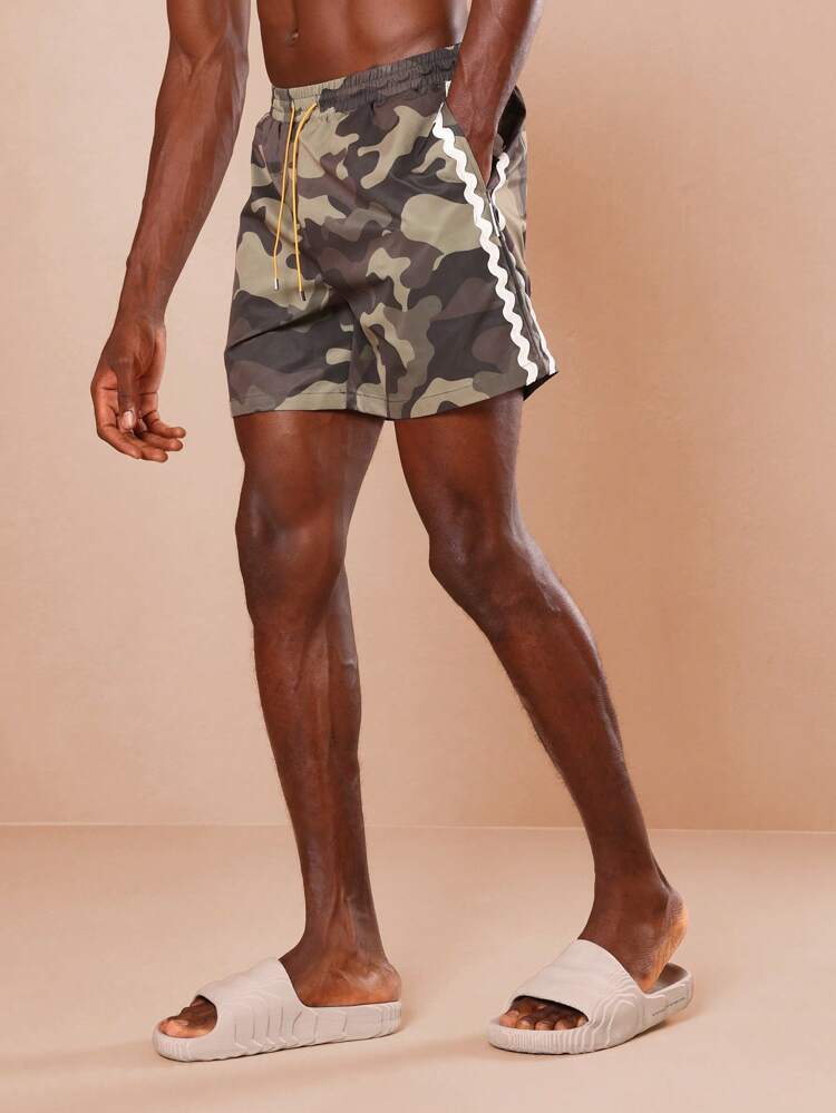 Camo Print Swimming Trunks With Side Stripes