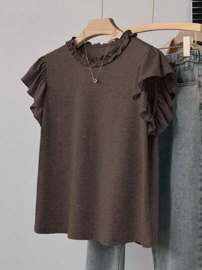 Franclia 女士常规款花卉蕾丝圆领喇叭袖宽松T恤，休闲百搭，适合通勤、外出、运动、聚会、居家等场合，春夏皆宜，Maillard风格，棕色系，适合大学校园穿着。