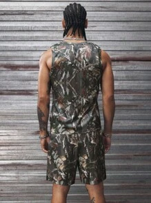 AXEPEAK Conjunto de camiseta de tirantes de cuello redondo y shorts con bolsillo, estampado completo, moda para hombres - Multicolor - Ver 2