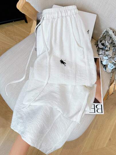 Resyla กางเกงกระโปรงผู้หญิงเอวรูดผ้าฝ้ายลวดลายปัก กระเป๋าเอียง ขากว้าง สบาย ใช้ได้ทั้งวันทั้งกีฬา