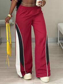 Coolane 女士夏季演唱会狂欢节外出 Y2K 撞色红色阔腿裤 - 酒紅色 - 查看 7