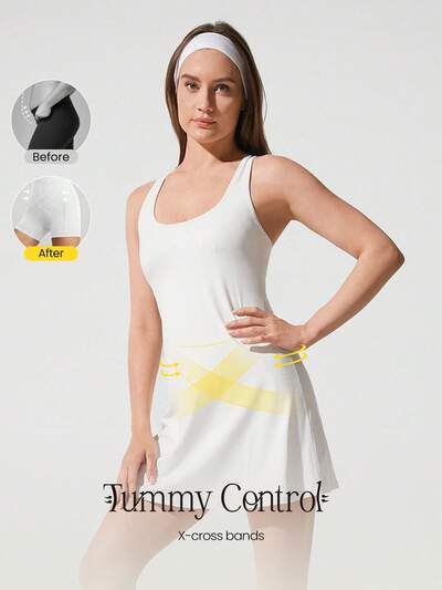 FeatherFit™-Air Power Moves Sweat-Wicking Quick-Dry Peekaboo Adjustable Wide Strap Active Dress With Built-In Shorts Side Pockets Non-Slip Grips Low Impact Tennis Golf Pickleball Daily Wear Removable Cups