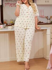 INS Cute Cherry Print Lace Patchwork Collar Short Sleeve Cardigan & Pants Plus Size Pajama Set - Multicolor - View 1