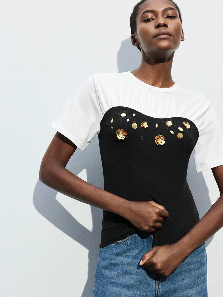 SHEIN Maija 2025 New Urban Two Pieces With Sequin Detail Short Sleeve Black & White Contrast Women's Fitted T-Shirt, Suitable For Spring/Summer, Beach Vacation,Birthday,Club,Streetwear,Stockholm Style,Fall,Hotfix Rhinestones,Shiny,Casual Workwear,Casual Business Casual