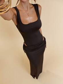 SHEIN BAE Conjunto de mono de tirantes sin mangas color café con pantalón y falda de cola de sirena a media/baja cintura con cordón en el dobladillo, conjunto para vacaciones, conjunto café, conjunto marrón, conjunto para fiesta - Marrón - Ver 8