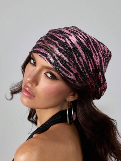 Grunge Punk 1pc Punk Style Pink & Black Leopard Print Rhinestone Embellished Beanie Hat, Y2K High Quality Vintage Sequin Slouchy Beanie, Thin Fashionable Hat For Everyday And All Season Wear