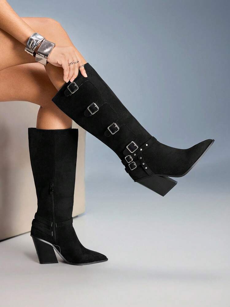 CUCCOO GRLICON Women's Black Patchwork Black Tall Boots, Western Boots, Stacked Heel Boots, Pointed Toe Boots, Suitable For Halloween, Christmas, Party, Music Festival, Autumn, Black Boots, Women's Boots, Core