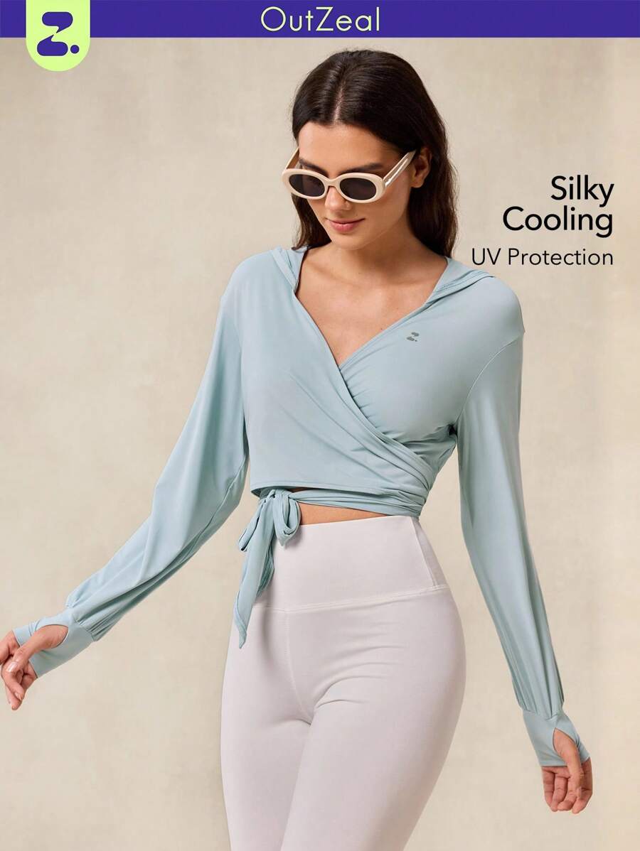 OutZeal 女士防紫外线凉爽触感丝滑柔软下摆交叉系带设计连帽防晒夹克日常休闲 - 藍色 - 查看 1