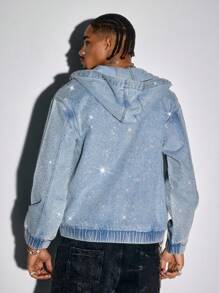 ROMWE MEN Street Life Men's Autumn Long Sleeve Pocket Zipper Collar Sparkling Diamond Denim Hooded Jacket - Blue - View 4