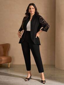 SHEIN Clasi 2 件大码女式纯色撞色蕾丝七分袖西装外套和裤子套装，秋冬办公室商务休闲装 - 黑色 - 查看 4